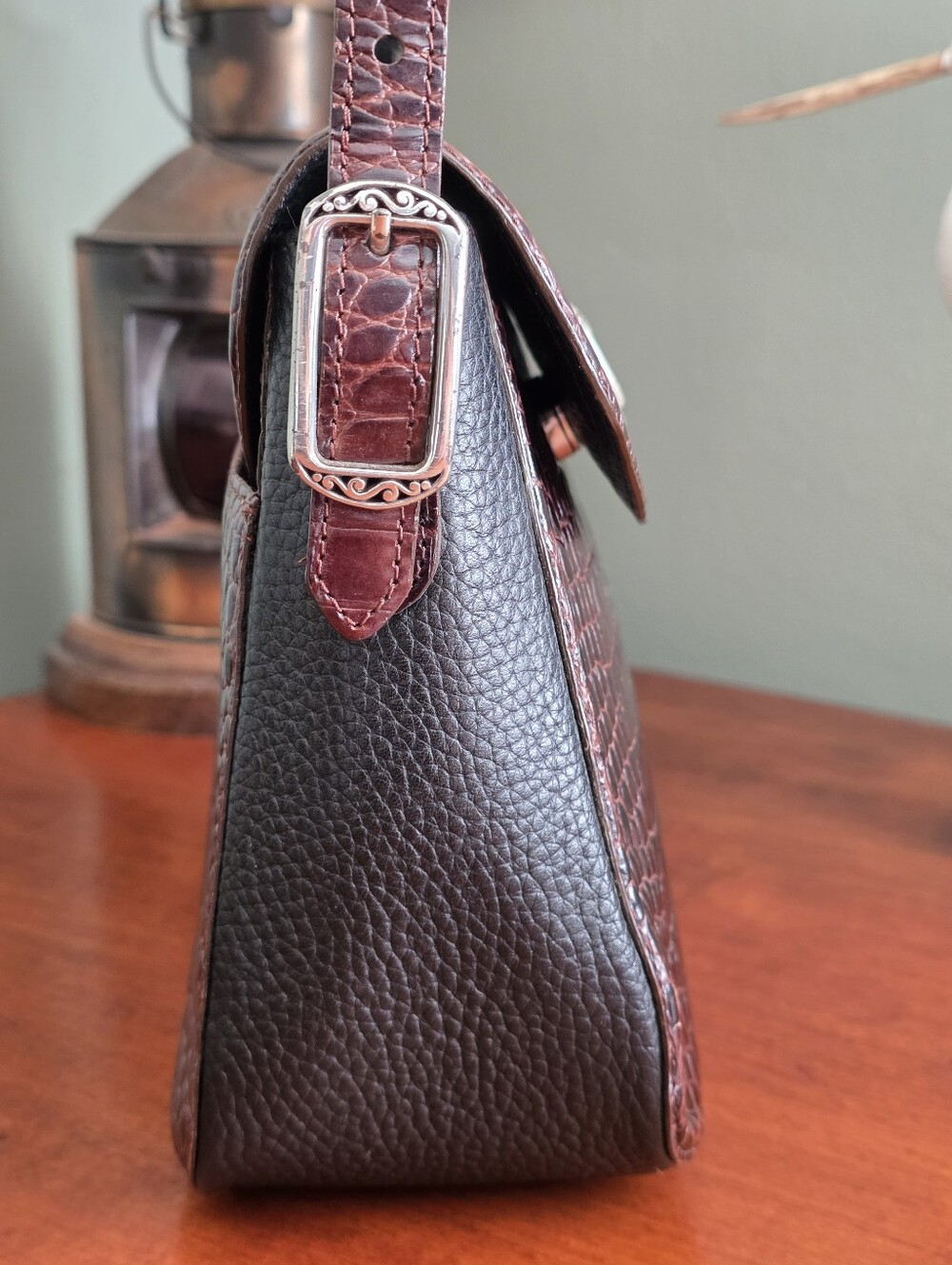 Brighton Croc Embossed Leather Crossbody Bag Brown Heart Y2K - Picture 3 of 16